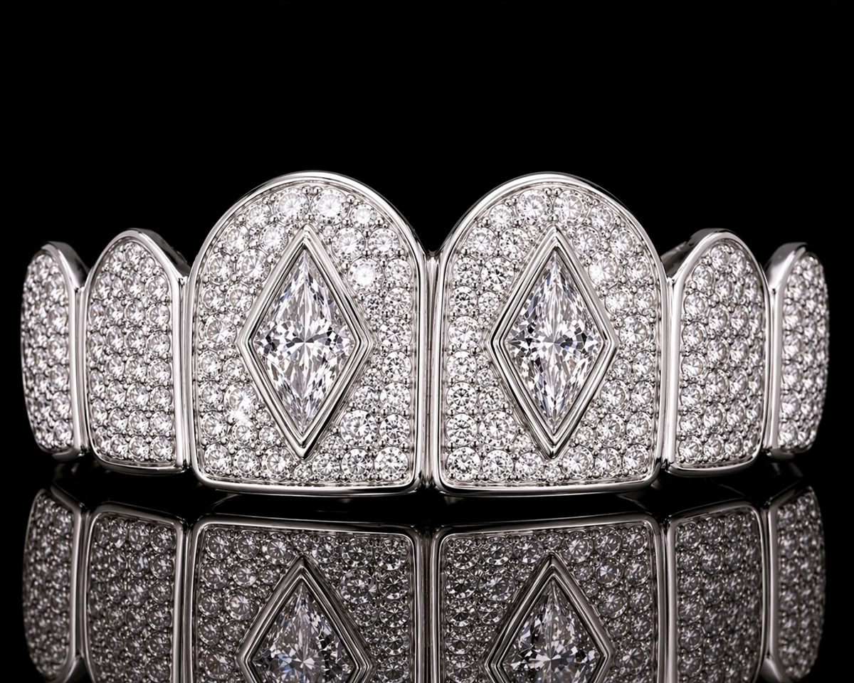 Architectural diamond dental jewel with marquise-cut stones — Atelier Fabbro